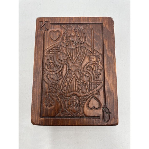Vintage 2 Deck Playing Card Wooden Storage Box King And‎ Queen Of Hearts - Picture 1 of 5